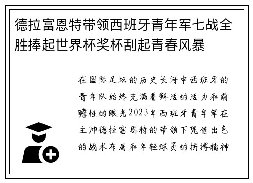 德拉富恩特带领西班牙青年军七战全胜捧起世界杯奖杯刮起青春风暴