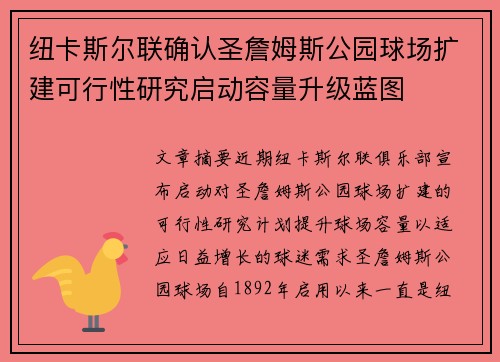 纽卡斯尔联确认圣詹姆斯公园球场扩建可行性研究启动容量升级蓝图 纽卡斯尔联确认圣詹姆斯公园球场扩建可行性研究启动容量升级蓝图